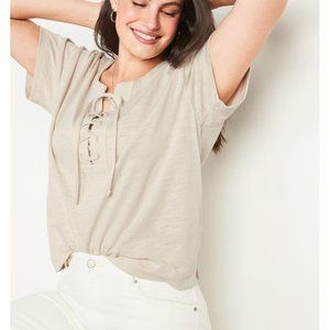 Old Navy Lace Up Top Loose Slub Knit Tee Short Sleeve Beige T-Shirt Size XL NEW